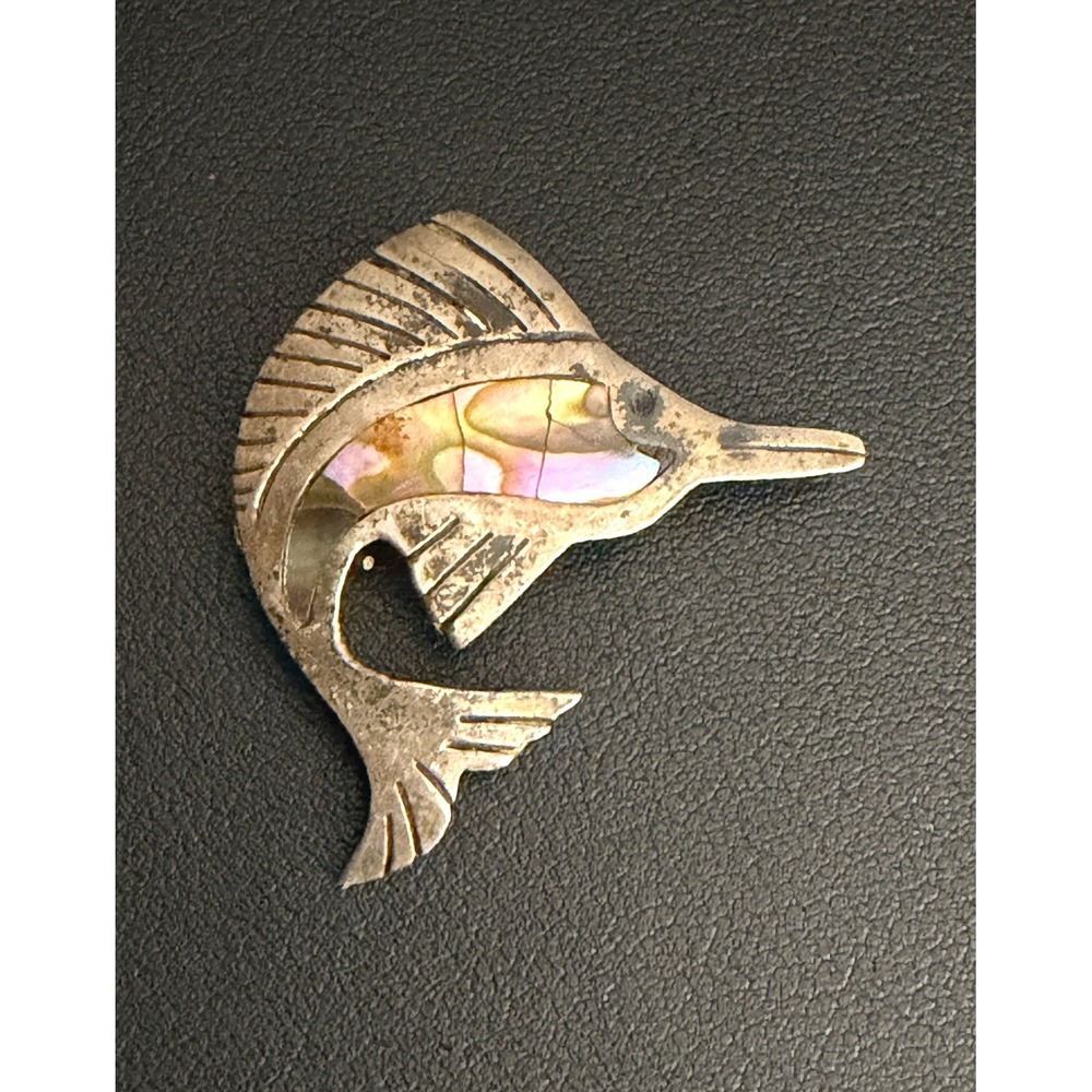 Mexican Silver Fish Brooch Abalone Shell Inlay Vintage